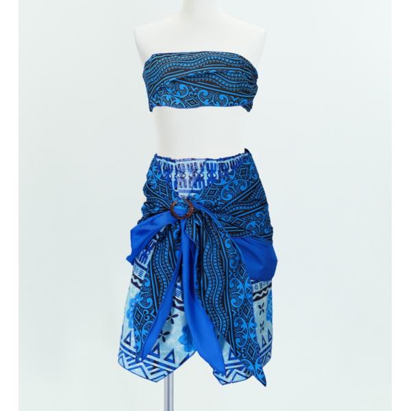 サッシュ付きパレオ風スカート&amp;チューブトップ セット ブルー 2262bl