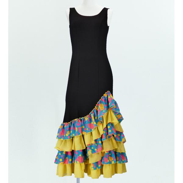 フラメンコ ローズ&amp;水玉 フリル ワンピース ブラック×グリーン フリーサイズ 2341bgf