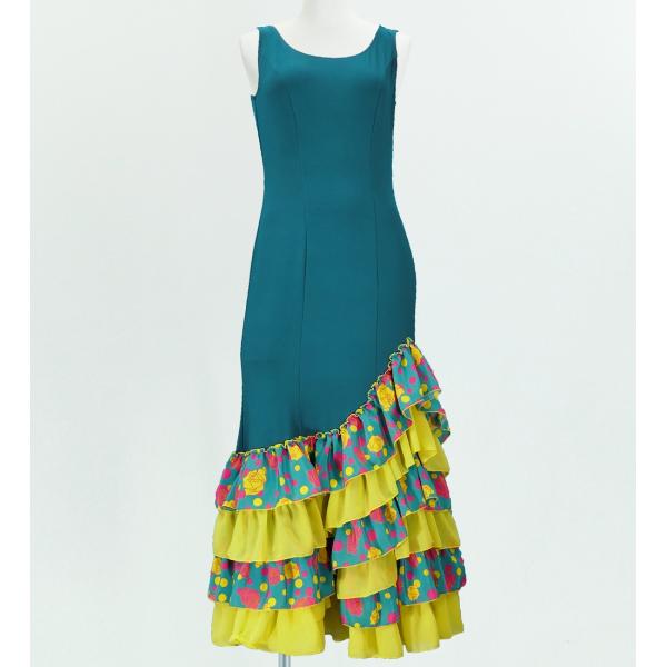 フラメンコ ローズ&amp;水玉 フリル ワンピース ブルー×グリーン フリーサイズ 2341blgf