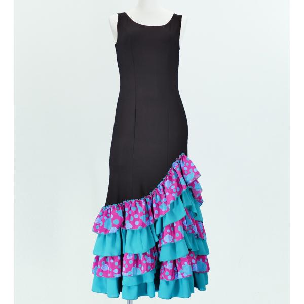 フラメンコ ローズ&amp;水玉 フリル ワンピース ブラック×パープル フリーサイズ 2341bpf