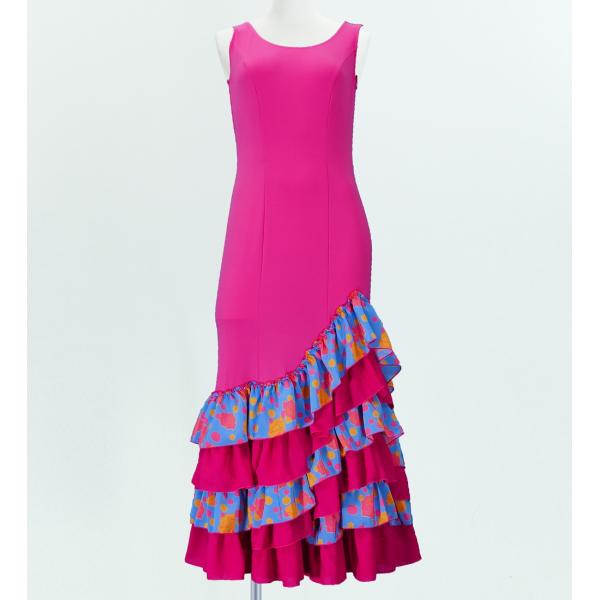 フラメンコ ローズ&amp;水玉 フリル ワンピース ピンク×ブルー フリーサイズ 2341piblf