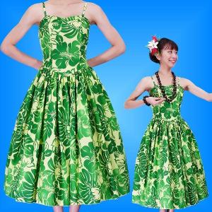 フラダンス ムームー ハイビスカス ミディ丈 グリーン Fサイズ 2378grF