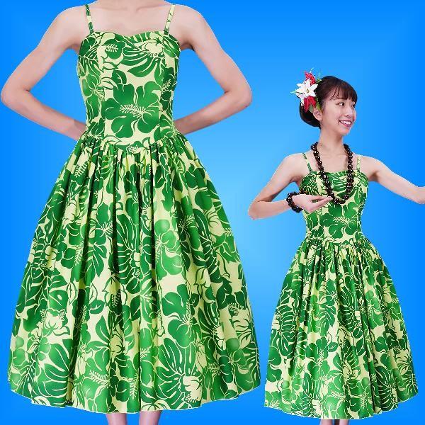 フラダンス ムームー ハイビスカス ミディ丈 グリーン Fサイズ 2378grF