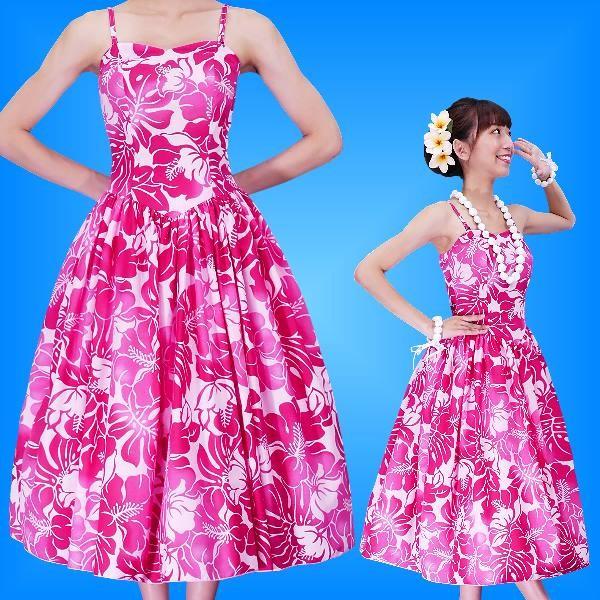 フラダンス ムームー ハイビスカス ミディ丈 ピンク Fサイズ 2378piF