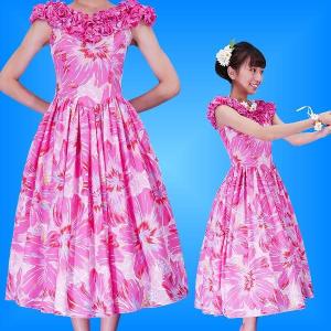 フラダンス ムームー フリル ミディ丈ドレス ピンク LLサイズ