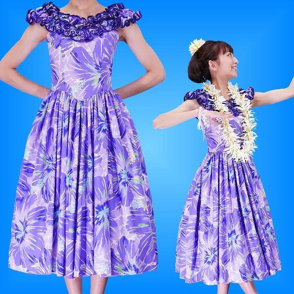 フラダンス ムームー フリル ミディ丈ドレス パープル Fサイズ 2380puF