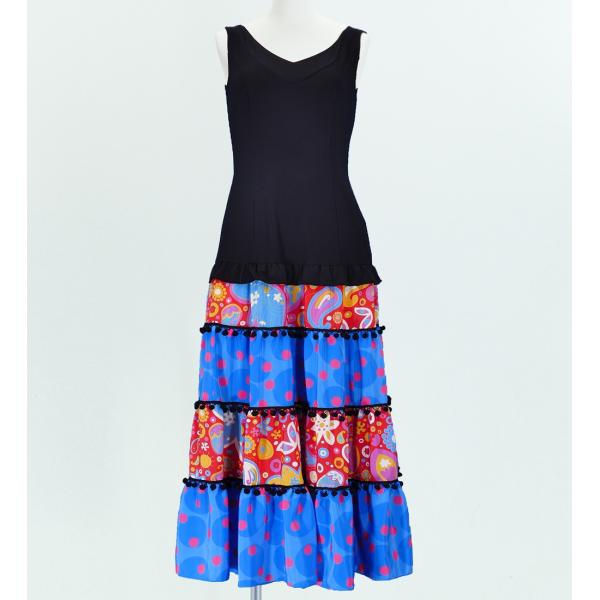 フラメンコ フリル ワンピース レッド×ライトブルー フリーサイズ　2383rdlblf