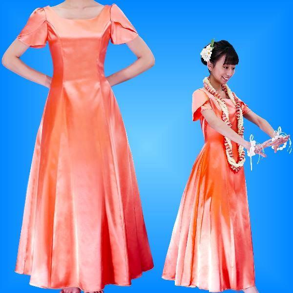 フラダンス ムームー チューリップ袖 ロング丈ドレス ライトオレンジ LLサイズ 2408lorLL