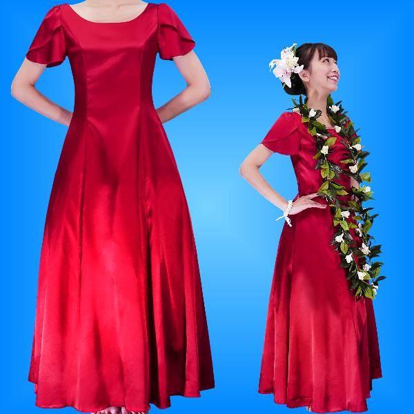 フラダンス ムームー チューリップ袖 ロング丈ドレス レッド LLサイズ 2408rdLL