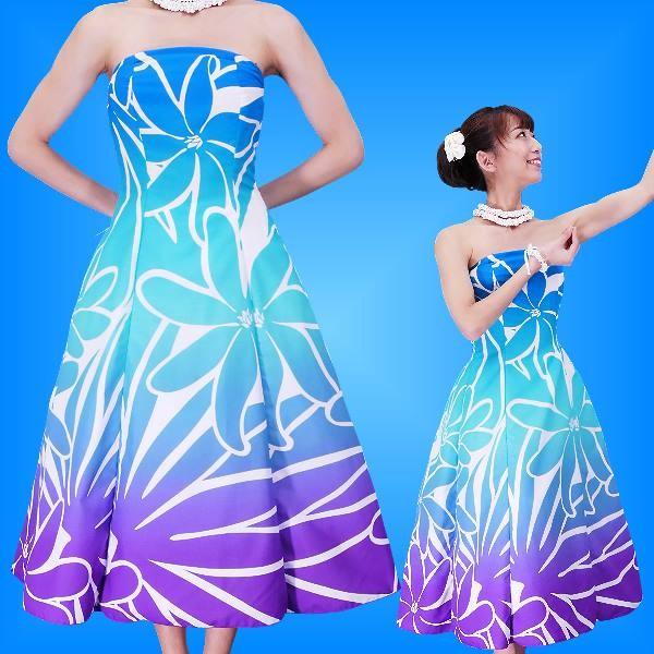 フラダンスムームー ストラップレス　ミディ丈ドレス ブルー×パープル Fサイズ 2428blpuF