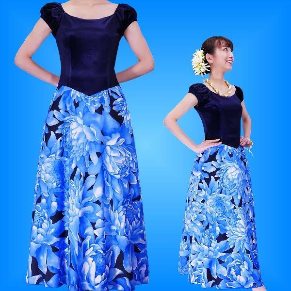 フラダンス ベロア×ハワイアンファブリックドレス  ブルー LLサイズ 2432blLL