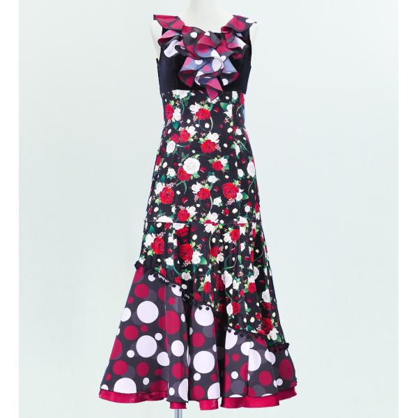 フラメンコ 胸元フリル 斜め切り替えベルベット×コシボ ワンピース ブラック×ブラック フリーサイズ...