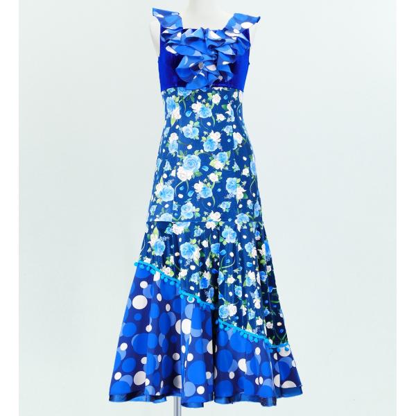 フラメンコ 胸元フリル 斜め切り替えベルベット×コシボ ワンピース ブルー×ブルー フリーサイズ　2...