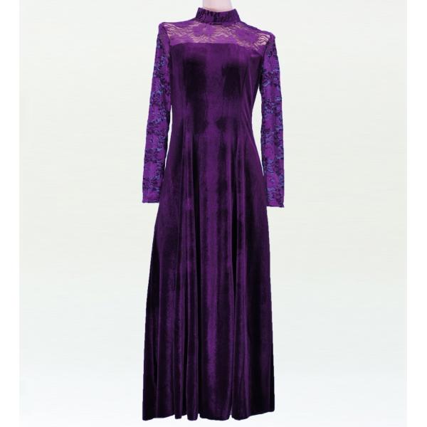フラダンス レースベルベットロング丈 ドレス パープルLLLサイズ 2448puLLL