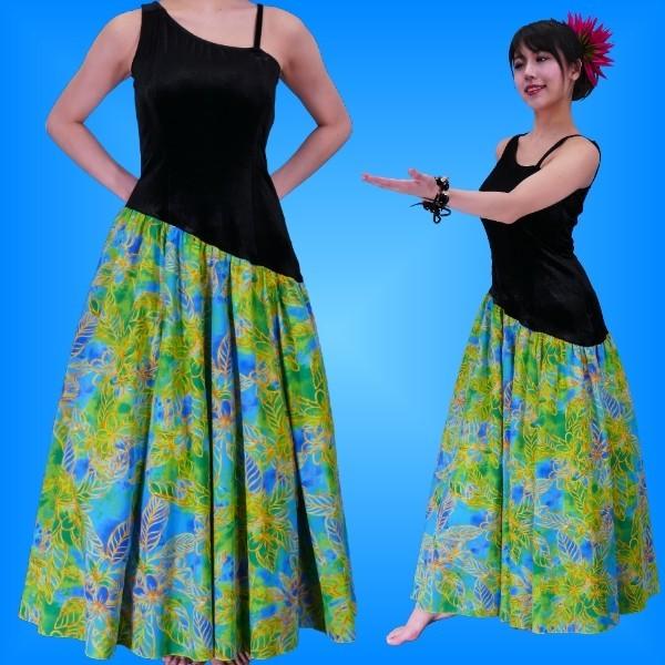 フラダンス ベロア×ハワイアンファブリックドレス [LL] グリーン 2483grLL