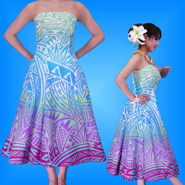 フラダンス ムームー ストラップレス ミディ丈ドレス [F] ブルー×パープル  2485blpuF