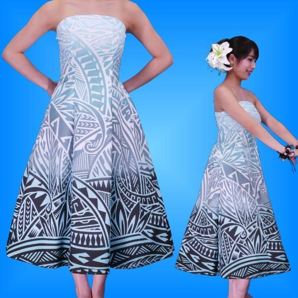 フラダンス ムームー ストラップレス ミディ丈ドレス [F] ホワイト×ブラック  2485whbk...