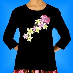 フラダンス ７分袖 Tシャツ Ｌ ハイビスカス・プルメリア