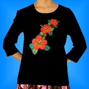 フラダンス ７分袖 Tシャツ Ｌ ハイビスカス ブラック