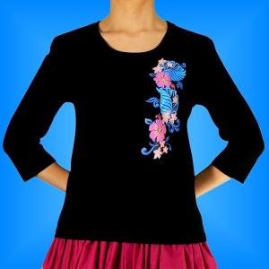 フラダンス ７分袖 Tシャツ Ｍ 縦ライン ハイビスカス