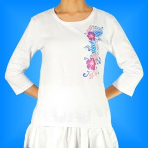 フラダンス ７分袖 Tシャツ Ｍ 縦ライン ハイビスカス
