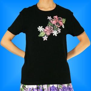 フラダンス Tシャツ L ハイビスカス&ティアレ ブラック