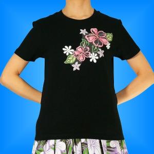 フラダンス Tシャツ Ｍ ハイビスカス&ティアレ ブラック