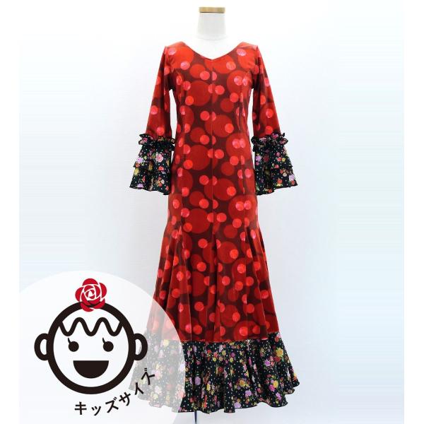 キッズ フラメンコ ベルベット フリル ワンピース 水玉 レッド＆ブラック 120・140サイズ F...