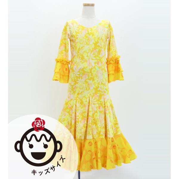 キッズ フラメンコ ベルベット フリル ワンピース 花柄 イエロー 120・140サイズ FDp-5