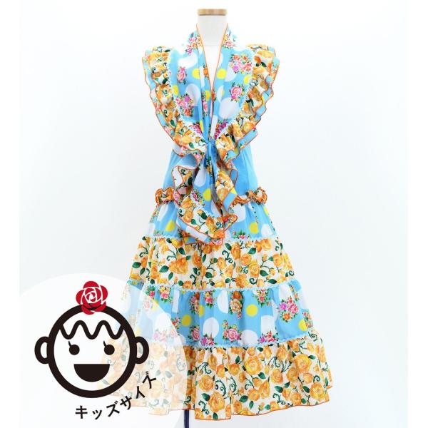 キッズ フラメンコ ピキージョ＆スカートセット ブーケ×水玉 ライトブルー×オレンジ S-Lサイズ ...