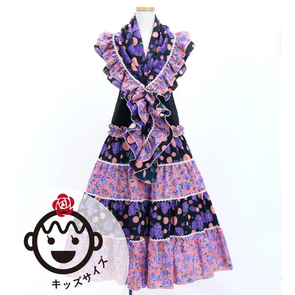 キッズ フラメンコ ピキージョ＆スカートセット ローズ×水玉 パープル×ピンク S-Lサイズ FPS...