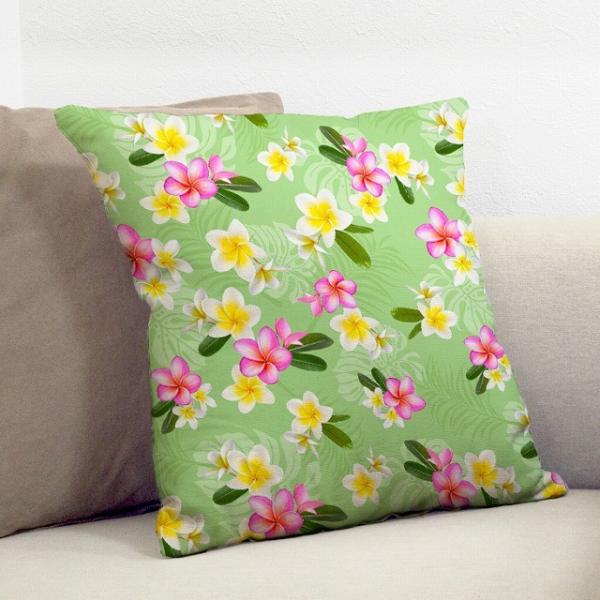 クッションカバー ハワイアン プルメリア×無地　ICKH-518-LGR-V