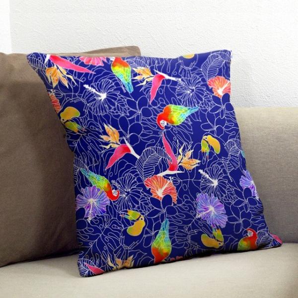 クッションカバー ハワイアン バード×無地　ICKH-526-BL-V