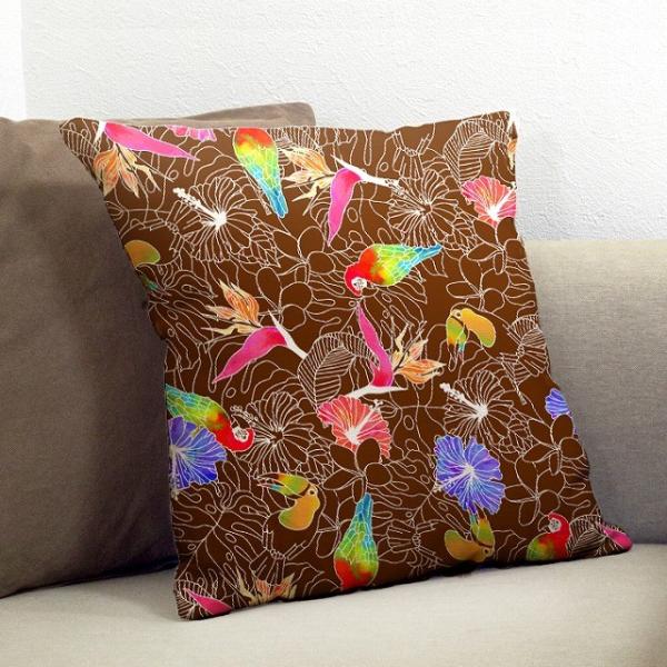 クッションカバー ハワイアン バード×モンステラ　ICKH-526-BR-V