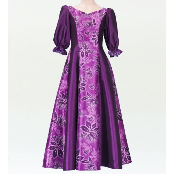 フラダンス  [S-LLサイズ] ムームー ロング丈 シャンタン袖口ドレス パープル J2338p