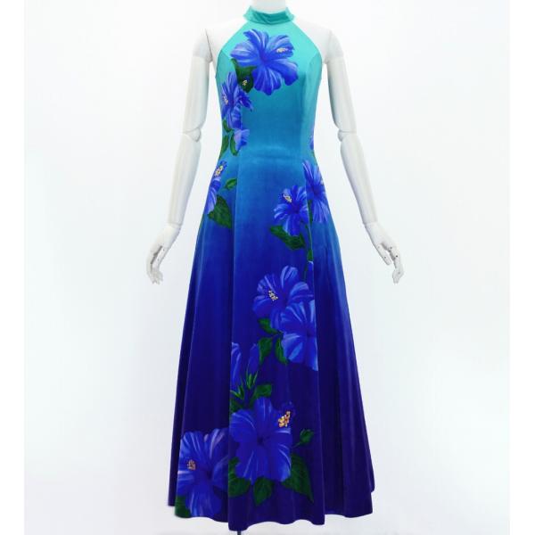 フラドレス [S・M・Lサイズ] ベロア アメリカンスリーブ ロング丈 ハイビスカス ブルー×ネイビ...