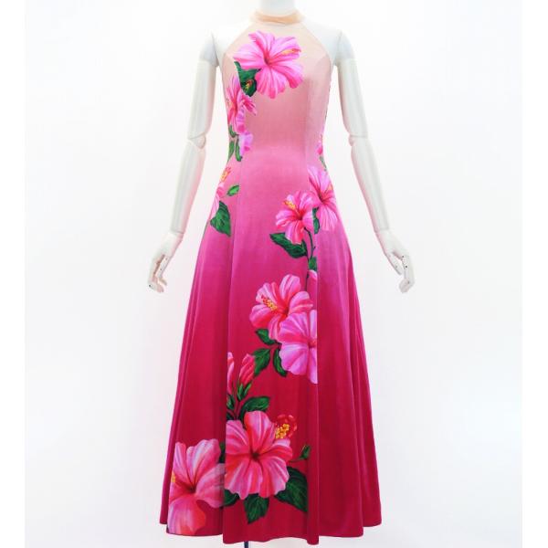 フラドレス [S・M・Lサイズ] ベロア アメリカンスリーブ ロング丈 ハイビスカス クリーム×ピン...