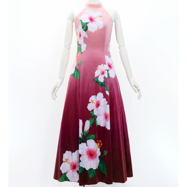 フラドレス [S・M・Lサイズ] ベロア アメリカンスリーブ ロング丈 ハイビスカス ライトピンク×...