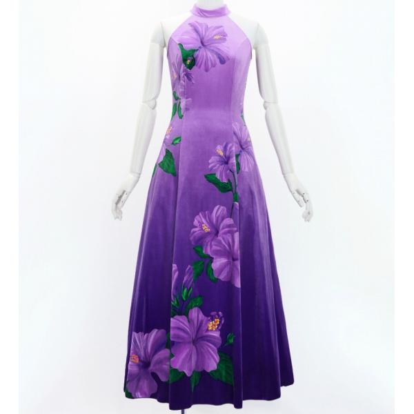 フラドレス [S・M・Lサイズ] ベロア アメリカンスリーブ ロング丈 ハイビスカス ラベンダー×パ...