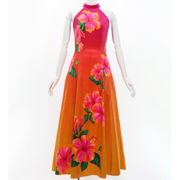 フラドレス [S・M・Lサイズ] ベロア アメリカンスリーブ ロング丈 ハイビスカス ピンク×オレン...