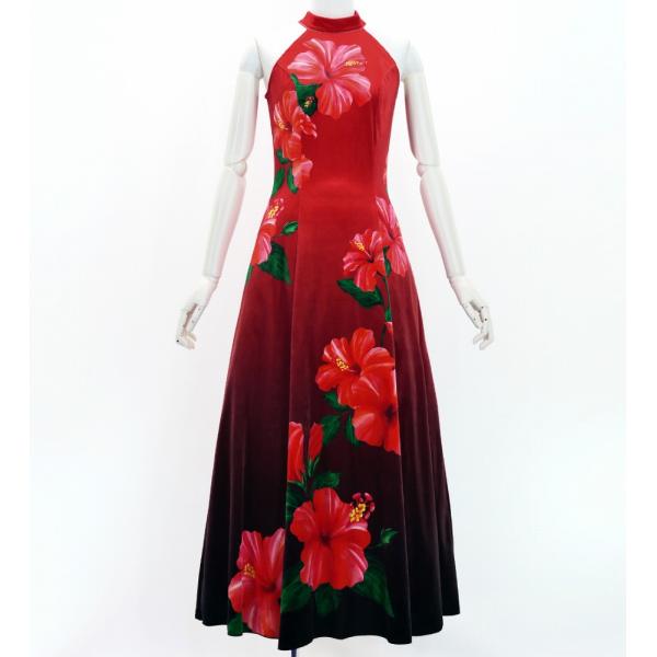フラドレス [S・M・Lサイズ] ベロア アメリカンスリーブ ロング丈 ハイビスカス レッド×ブラッ...
