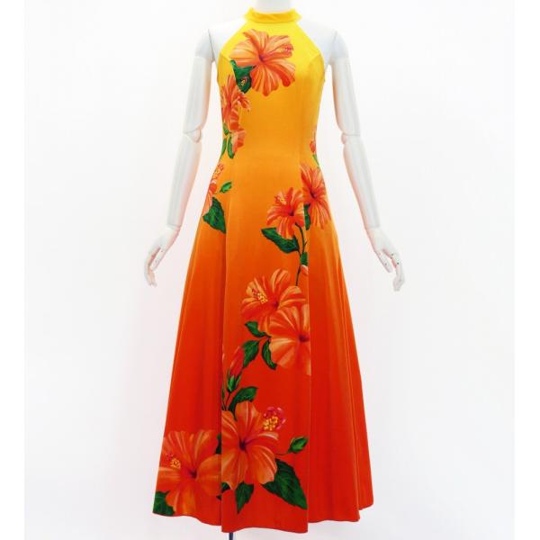 フラドレス [S・M・Lサイズ] ベロア アメリカンスリーブ ロング丈 ハイビスカス イエロー×オレ...