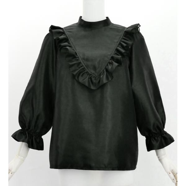 フラダンス シャンタン ヨークフリル ブラウス ブラック S-Lサイズ J3169bk