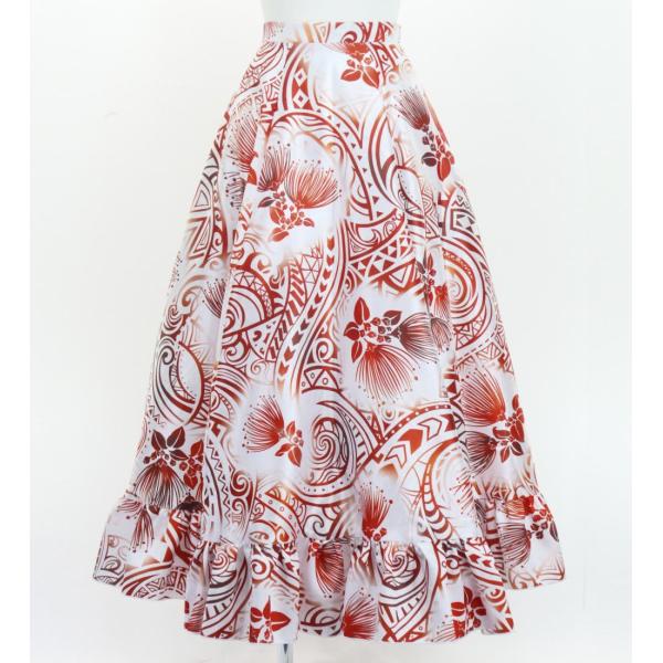 フラダンス [S・M・Lサイズ] フリル ロングサーキュラースカート シャンタン レフア柄 ホワイト...