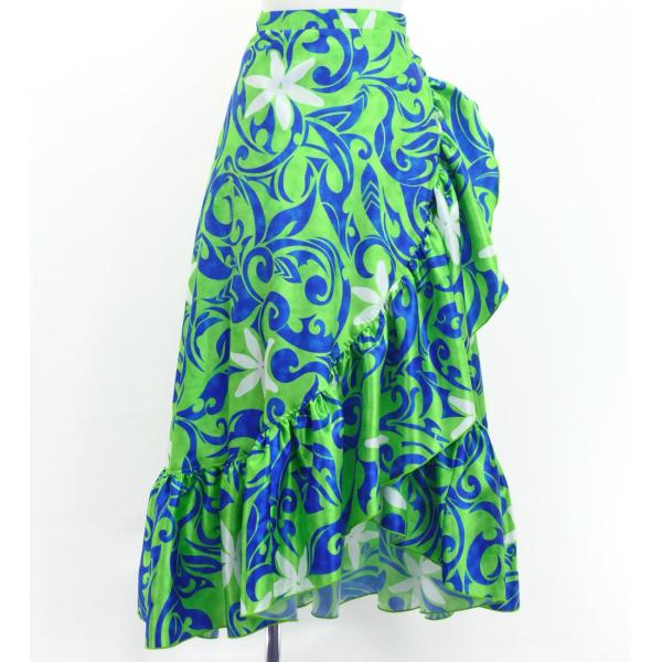 フラダンス [Fサイズ] 巻きスカート シャンタン カヒコ×ティアレ柄 グリーン×ブルー J3190