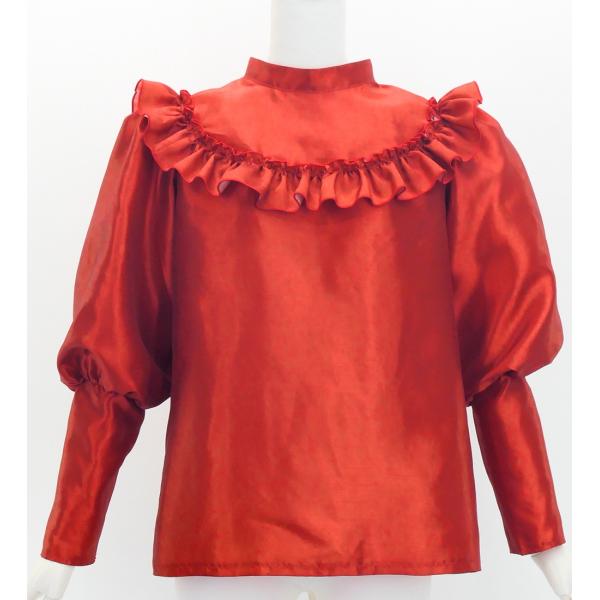 フラダンス シャンタン ヨークフリル バルーンスリーブ ブラウス ダークレッド2 S-Lサイズ J3...