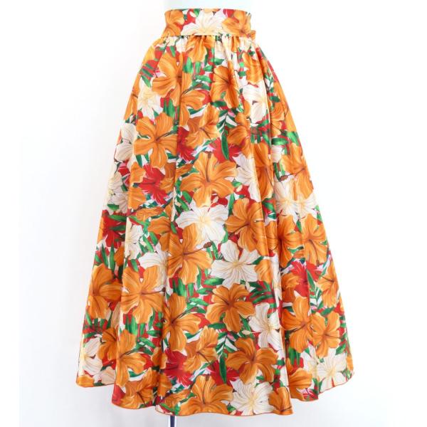 フラダンス [Fサイズ] ロングサーキュラースカート リボン付き シャンタン ハイビスカス オレンジ...