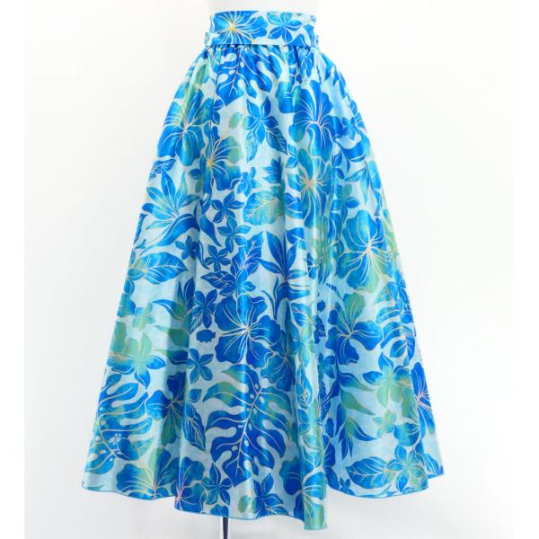 フラダンス [Fサイズ] ロングサーキュラースカート リボン付き シャンタン ハワイアンフラワー ス...