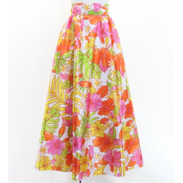 フラダンス [Fサイズ] ロングサーキュラースカート リボン付き シャンタン ハイビスカス ホワイト...