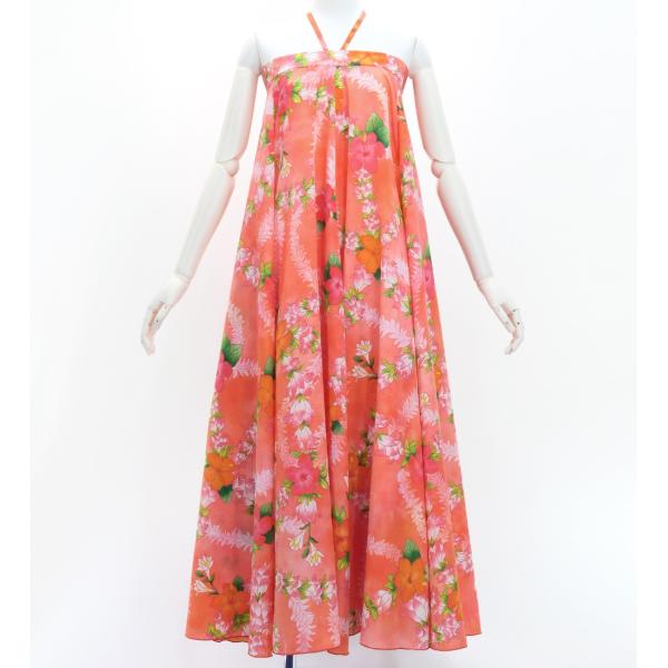 フラドレス [S・M・Lサイズ] ロング丈 コシボ ベアトップドレス ハイビスカス サーモンピンク ...
